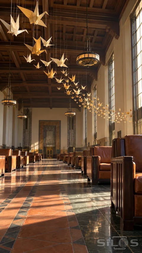 Cream and gold origami cranes hang above leather chairs and a tiled aisle in a grand sunlit waiting room.