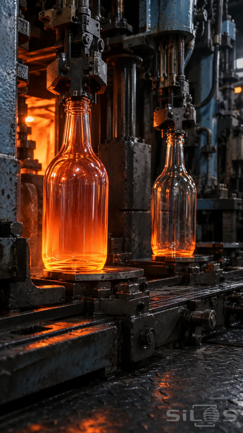 Hot glass machine holding clear bottle shapes beneath metal neck grippers, with orange heat glowing against blue-gray steel.