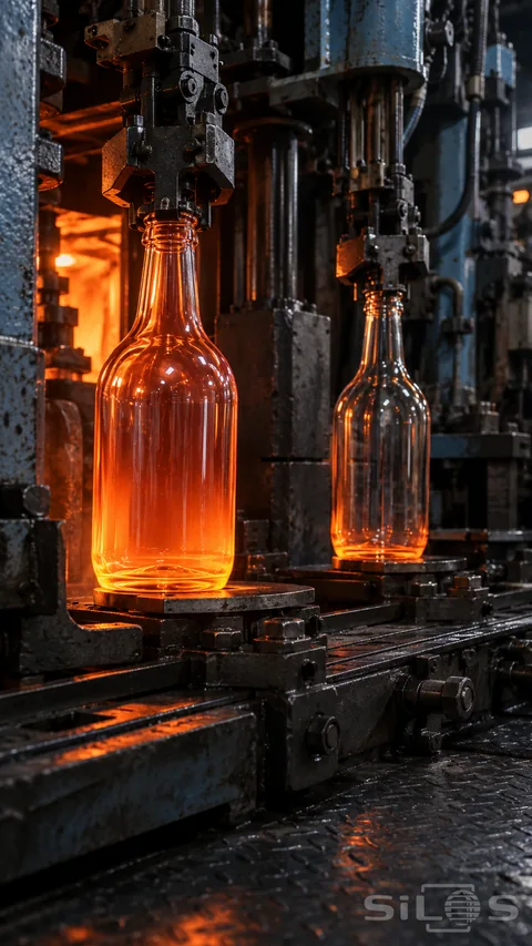Hot glass machine holding clear bottle shapes beneath metal neck grippers; with orange heat glowing against blue-gray steel.