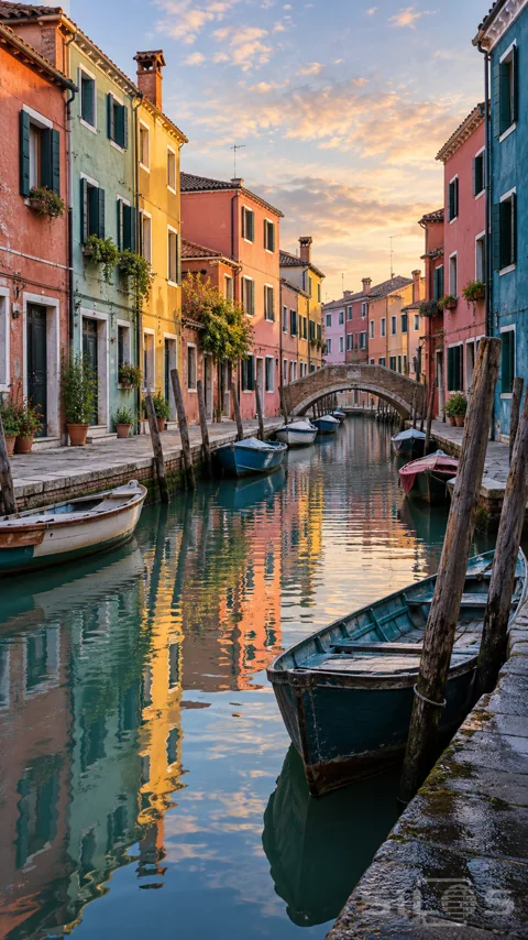Coral; green; yellow and turquoise houses reflect in a narrow canal beside moored wooden boats and a low stone footbridge.