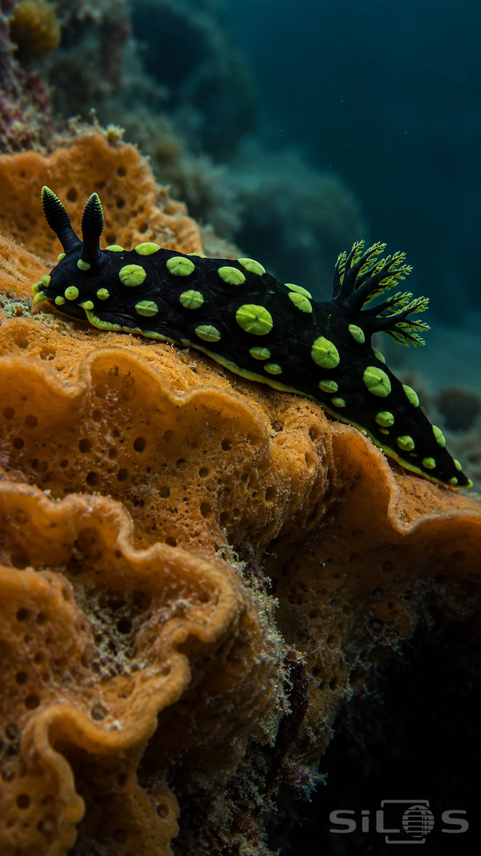 A black nudibranch with large green spots rests on an orange sponge, with two front rhinophores and a rear gill plume.
