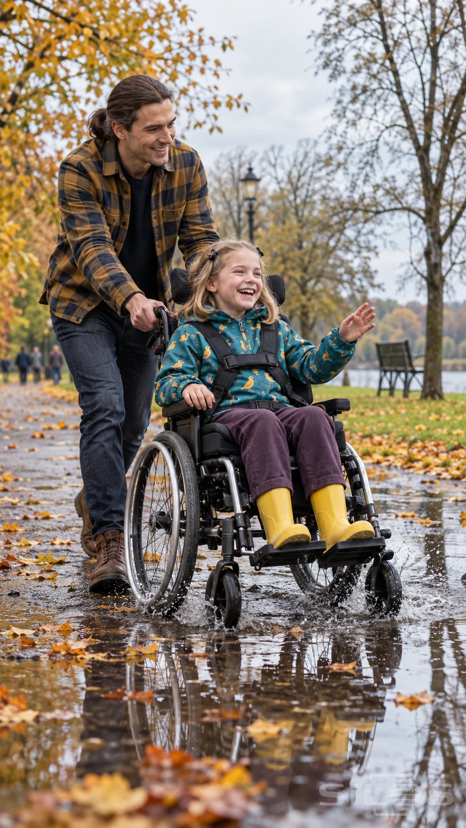 A father pushes his smiling daughter through a shallow park puddle during wheelchair puddle play after autumn rain.