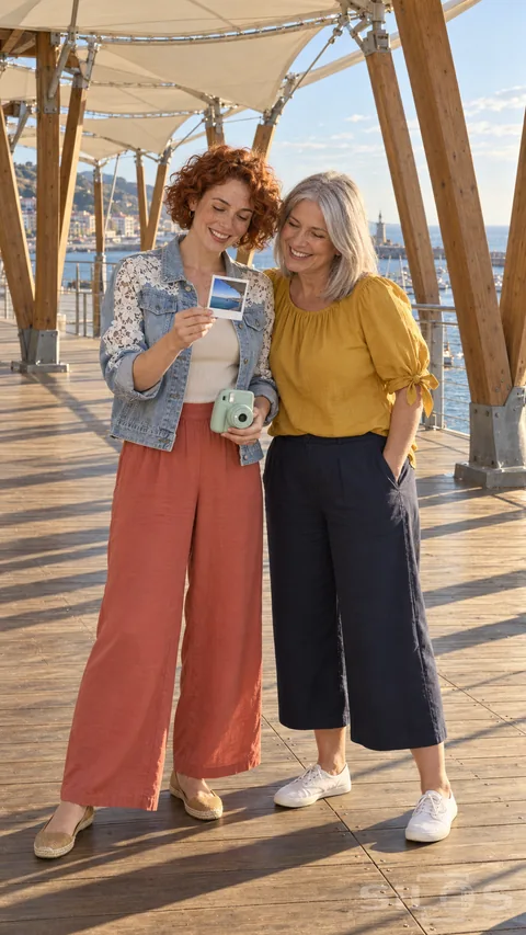 Two women smile over an instant photo beneath a seaside pavilion with timber supports and pale fabric roof panels.