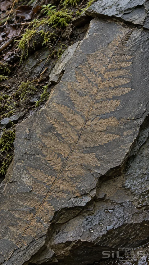 Fern fossil with ochre paired leaflets embedded across wet shale beside moss and fine cracks.
