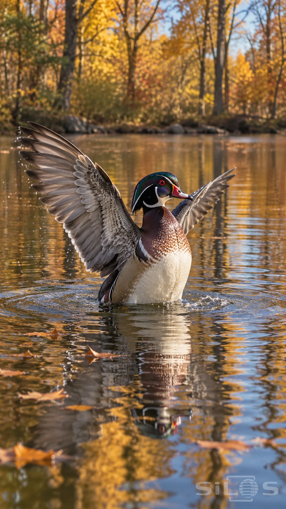 A male wood duck spreads its wings above golden water with droplets, ripples and autumn leaves around its reflection.
