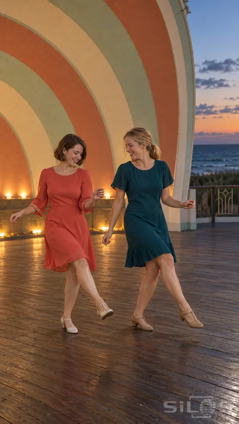 Two adult friends try seaside Charleston steps in coral and teal dresses on a wooden dance deck beneath a curved shell.