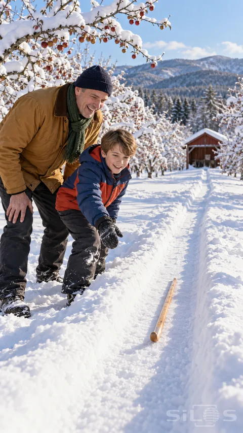 A father and son watch an orchard snow snake slide along a snow track beneath snowy apple branches.