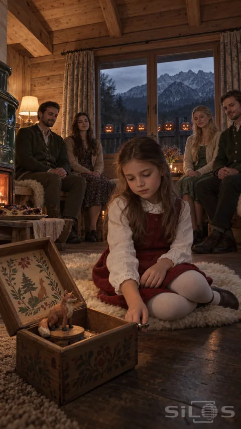 A girl in a red pinafore winds a carved fox music box before four seated adults; with glowing pumpkins facing the chalet window.