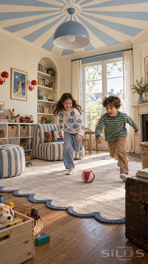 A striped playroom ball chase sends two children toward a small red and white fabric ball.