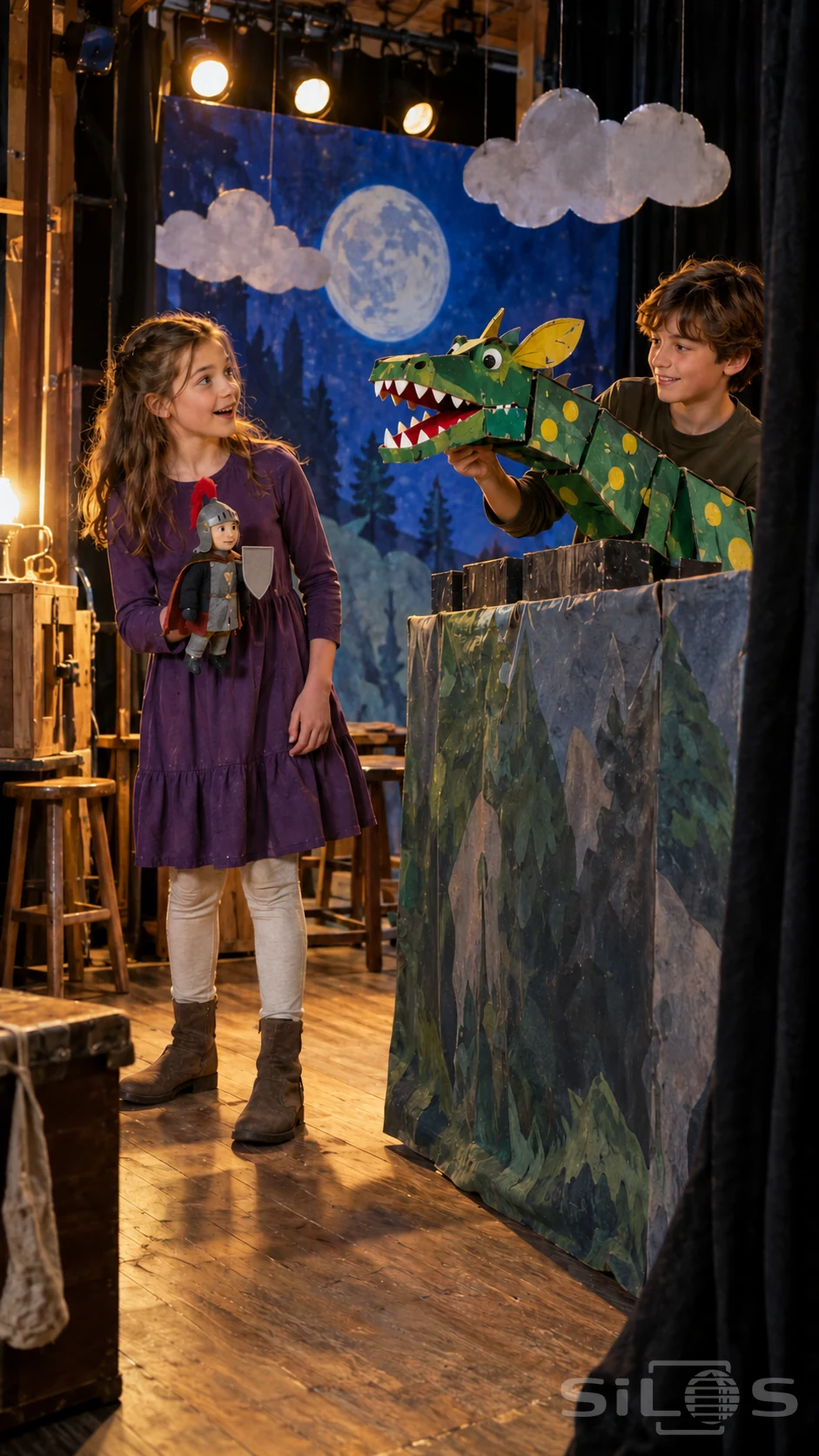 A boy holds a green cardboard dragon while a girl holds a small knight puppet beside a painted moon backdrop on a school stage.