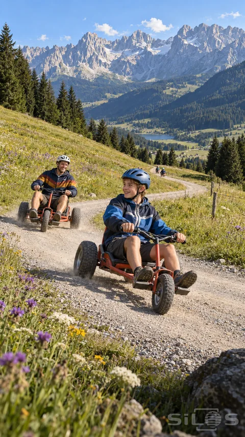 A teenage son steers through a mountain cart bend as his father follows on a separate cart above a flowering meadow and jagged peaks.