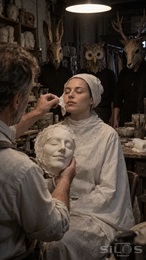 Mask maker lifts gauze from a seated actress while holding a plaster face; with hare; owl and stag masks behind her.
