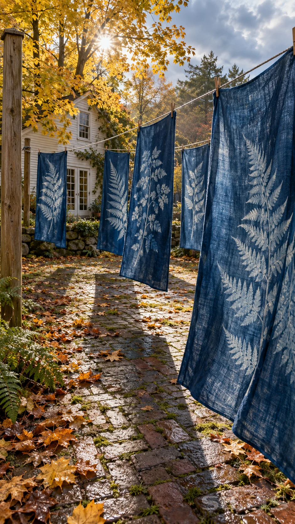 Cyanotype cloth panels with pale fern silhouettes hang from wooden pegs above wet brick and golden maple leaves in garden sunlight.