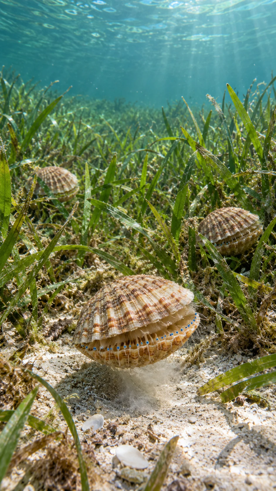 A ridged scallop with tiny blue mantle eyes lifts just above pale sand while other shells rest among green seagrass.