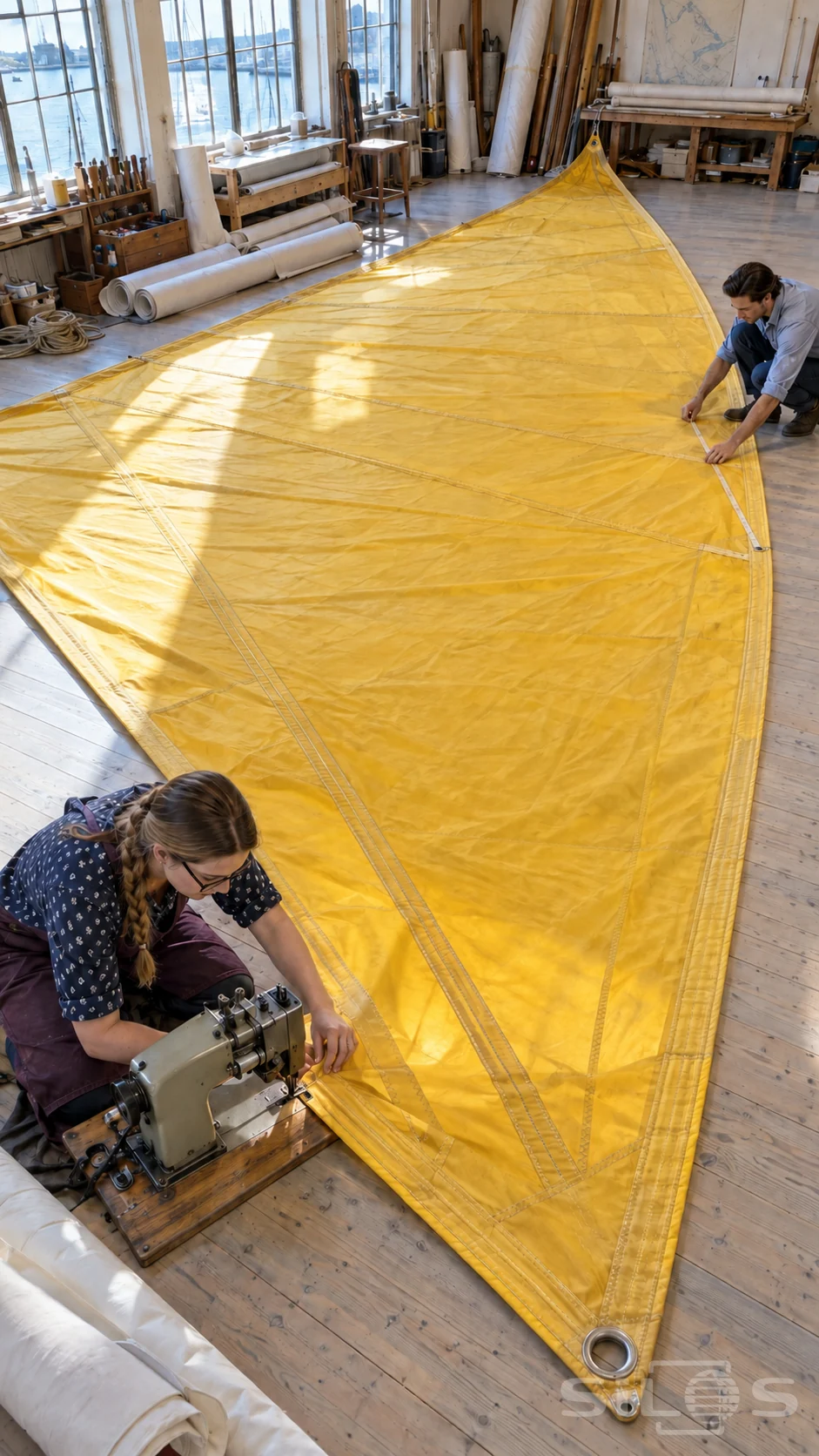 An overhead view shows two sailmakers working along a large yellow sail spread across a wooden loft floor.