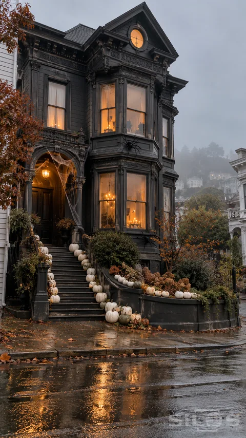 White pumpkins line the steps and curved wall of a charcoal Victorian house with glowing windows and Halloween decorations.