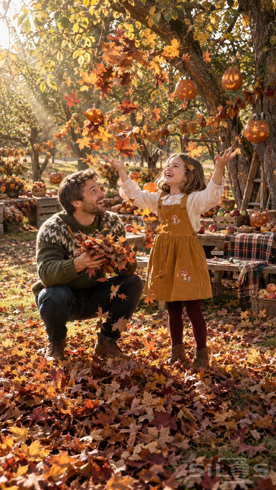 Autumn leaf play with a father and daughter beneath pumpkin lanterns, as copper leaves rise above her mushroom-embroidered pinafore.