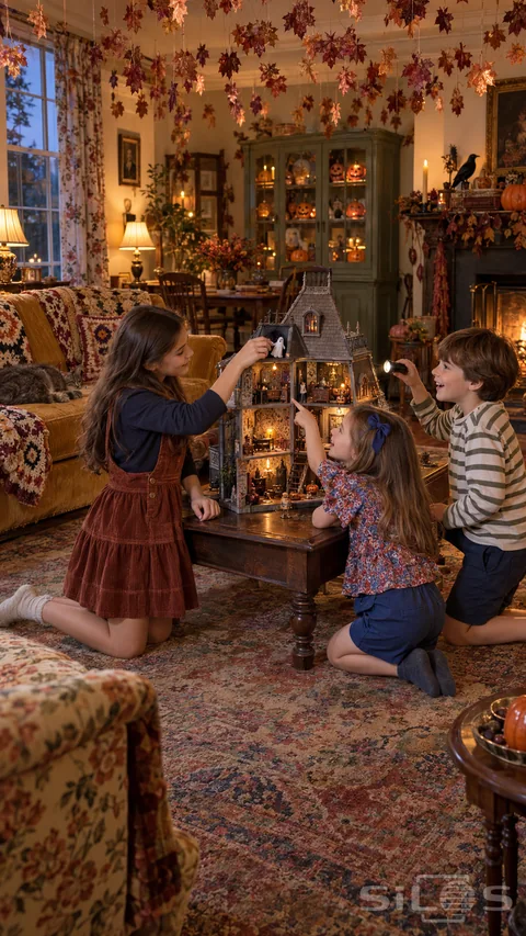 A haunted dollhouse with three children revealing a miniature ghost beside a crochet sofa in a richly decorated autumn sitting room.