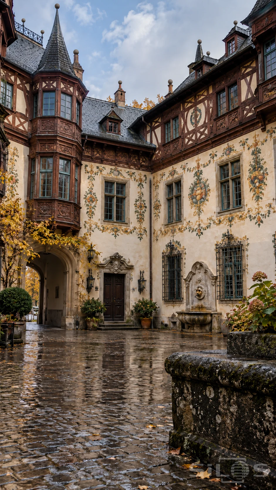 A painted timber courtyard brings together carved reddish wood, pale plaster and tall blue-green windows.