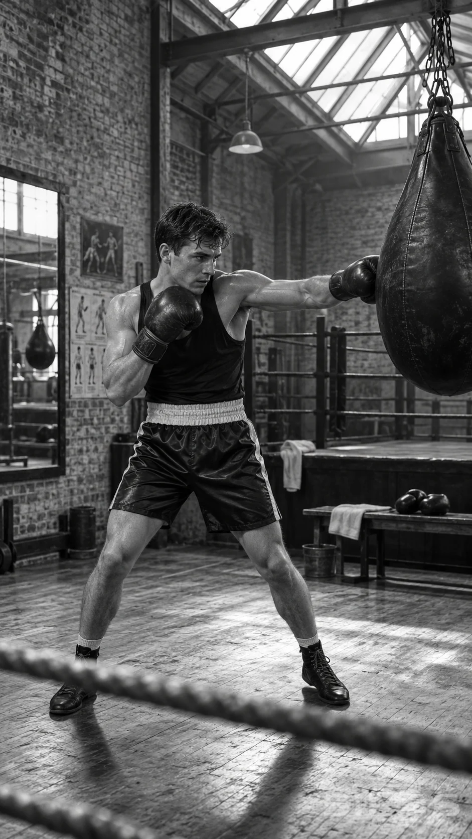 A muscular boxer strikes a leather punching bag in a black-and-white photograph of a boxing gym with high windows and ring ropes.