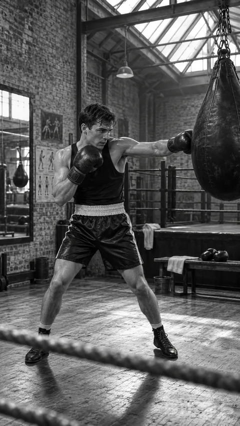 A muscular boxer strikes a leather punching bag in a black-and-white photograph of a boxing gym with high windows and ring ropes.