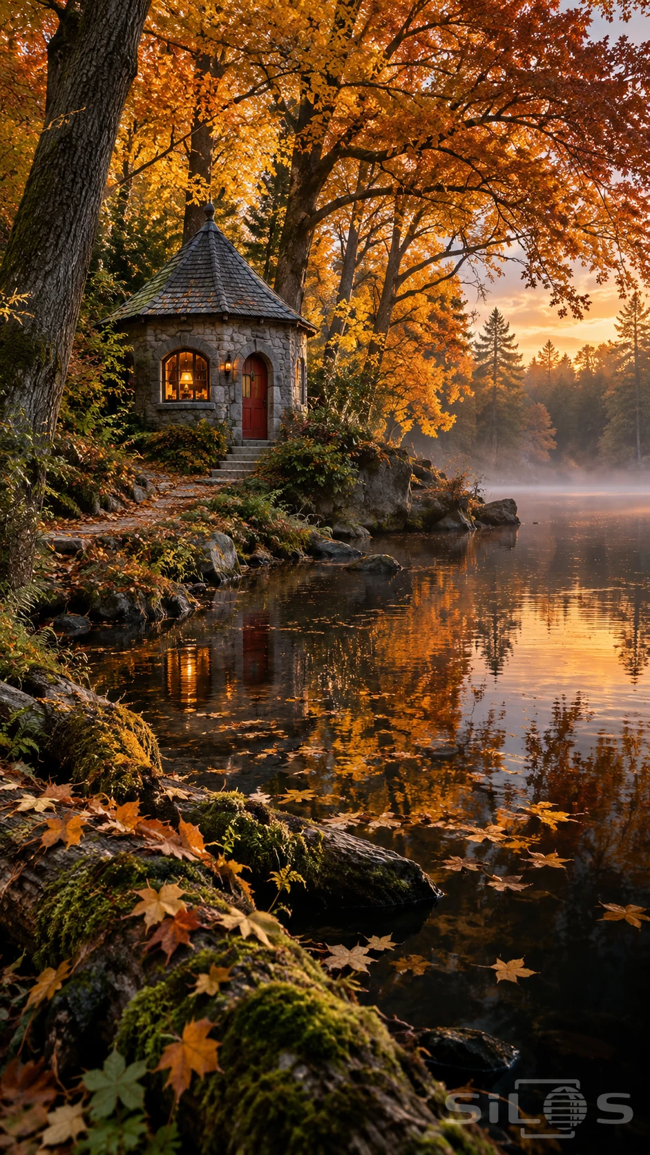 A small stone pavilion with a red door and conical shingle roof stands beside a pond under orange and gold trees.