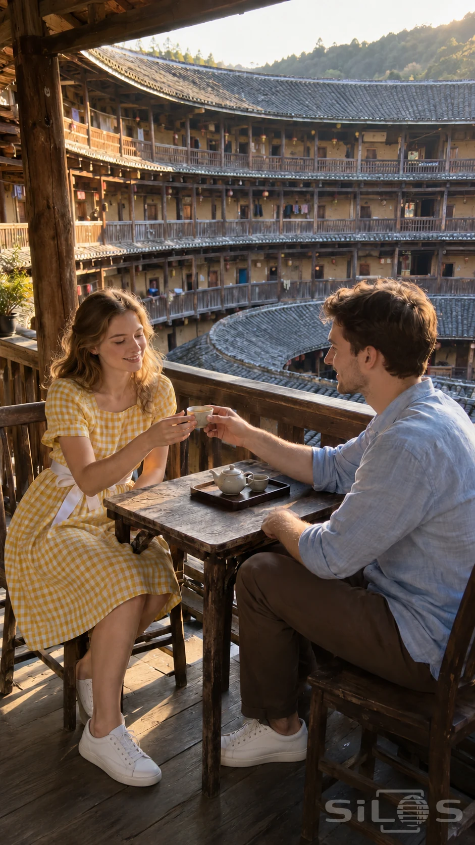 Two adults pass a small ceramic cup across a wooden table on a circular gallery overlooking curving timber balconies and tiled roofs.