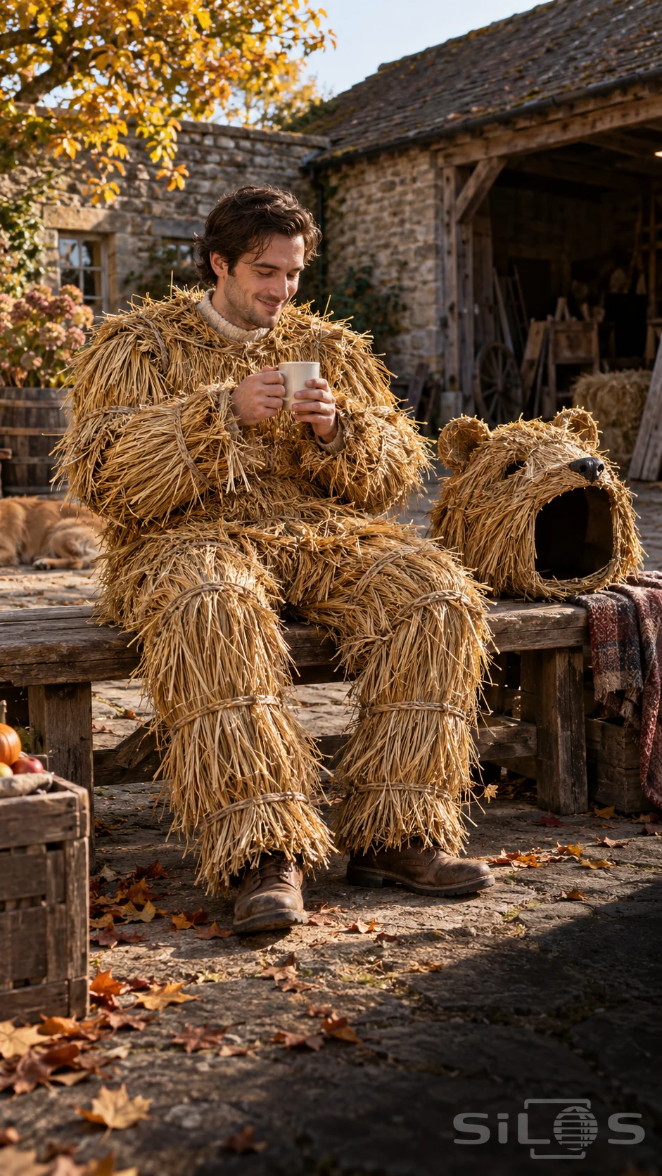 Straw bear costume worn by a seated man holding a mug, with the hollow bear headpiece beside him on a bench in a farm courtyard.