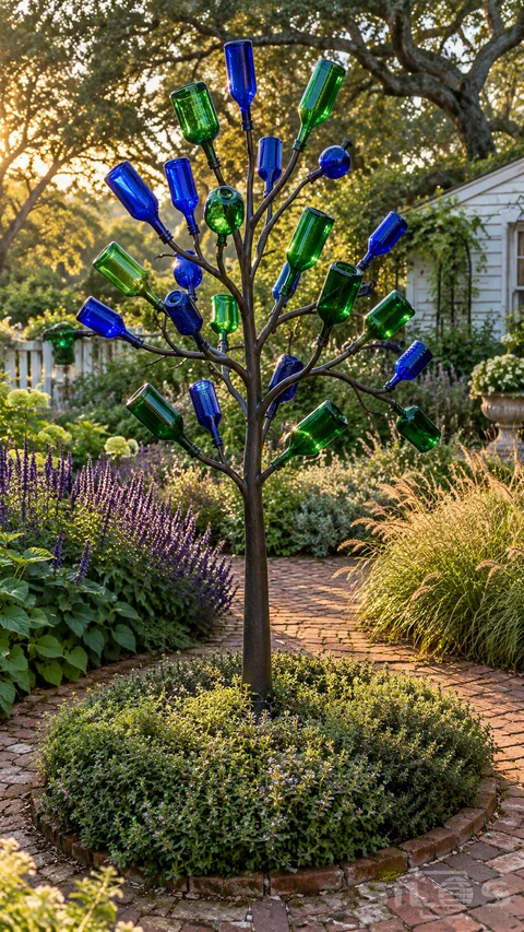 A bottle tree with cobalt and emerald glass rises from a planted circular bed beside a brick path in warm garden sunlight.