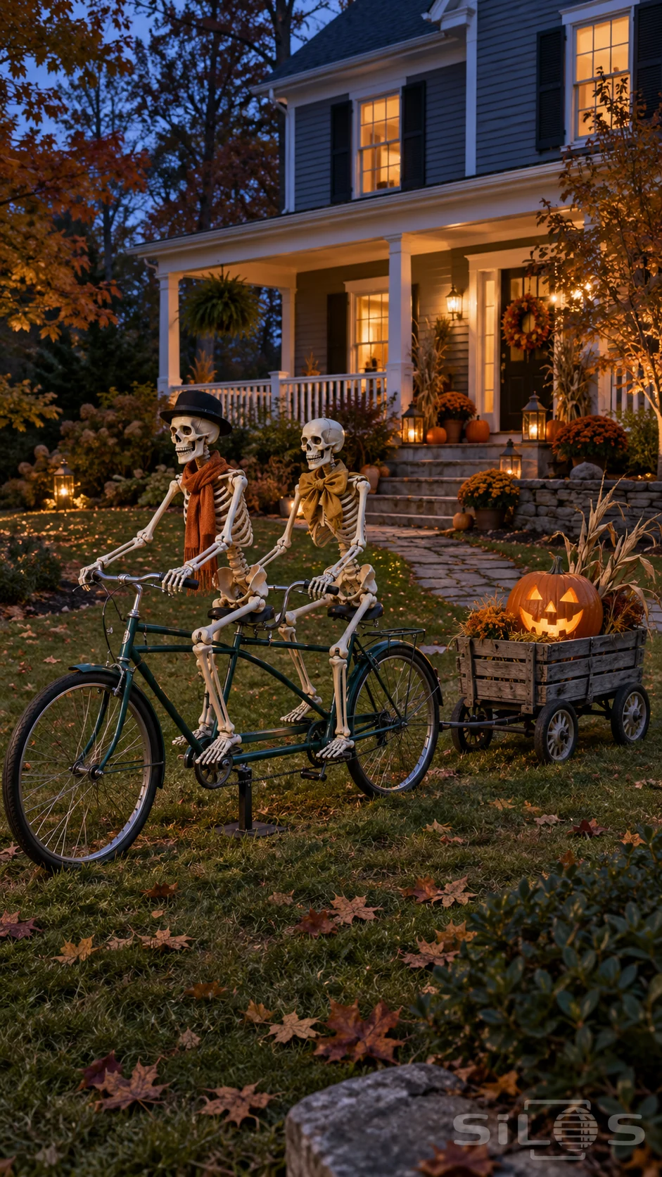 Two skeleton props sit on a skeleton tandem bicycle beside a pumpkin cart on a Halloween lawn.
