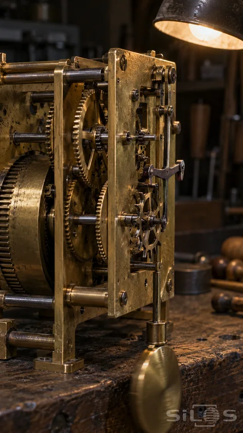 A clock escapement and toothed brass wheels catch warm lamplight above a worn bench with a softly moving pendulum below.