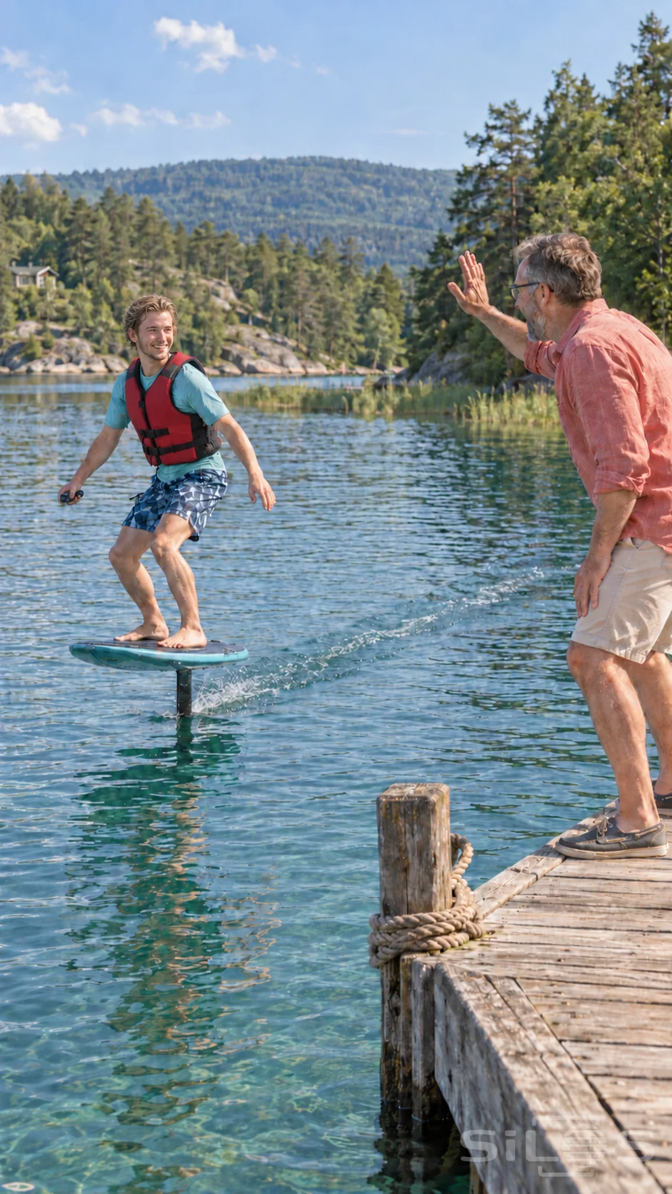A young adult's hydrofoil glide passes a lakeside pontoon as his father cheers with one raised hand beside the clear blue-green water.