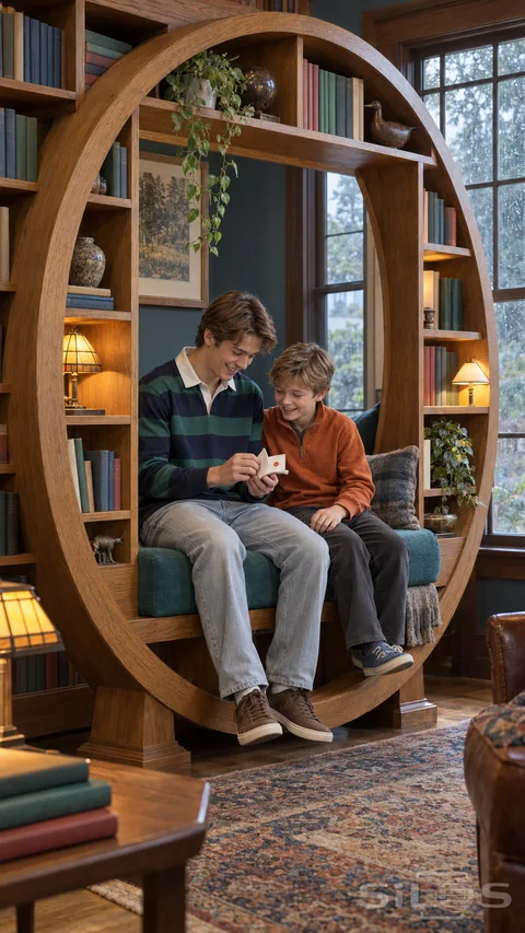 Two brothers smile over a tiny flipbook while sitting inside a round reading nook surrounded by oak shelves and warm lamps.