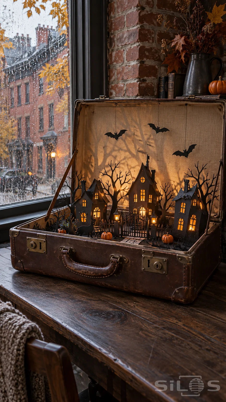 A paper Halloween town with glowing windows and suspended bats stands inside an open leather suitcase beside rainy glass.