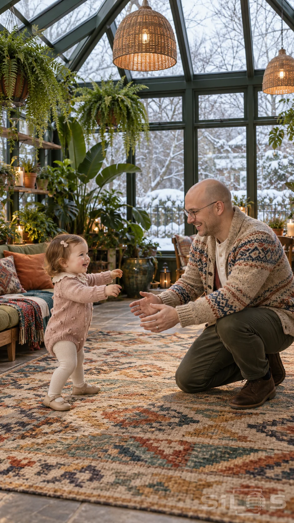 Toddler steps carry a girl in pink knitwear toward her kneeling father in a winter sunroom with plants and patterned rugs.