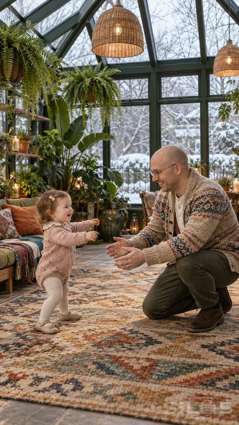 Toddler steps carry a girl in pink knitwear toward her kneeling father in a winter sunroom with plants and patterned rugs.