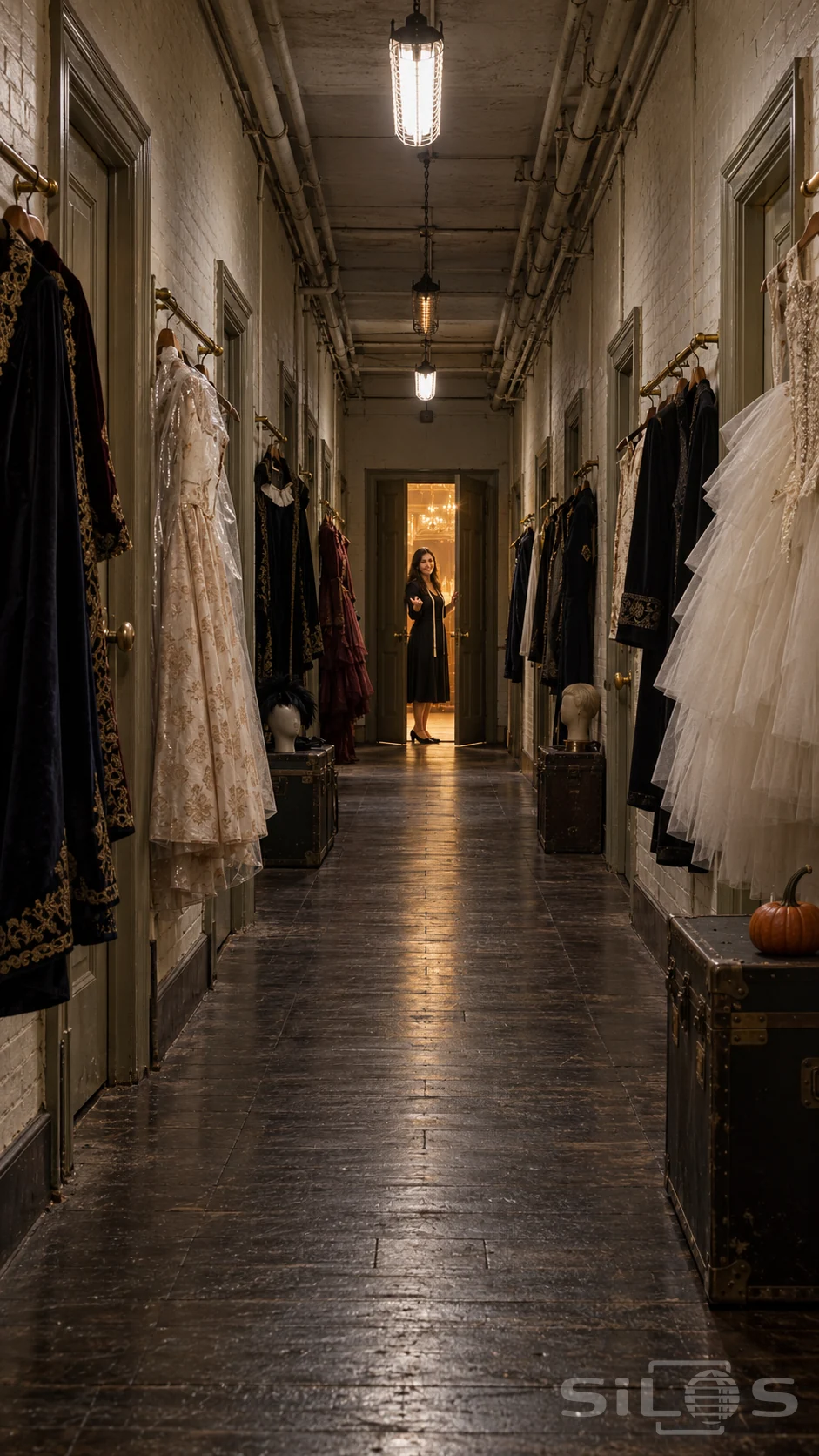 A centred backstage corridor lined with hanging gowns and capes leads to a woman beckoning through a warm-lit door.