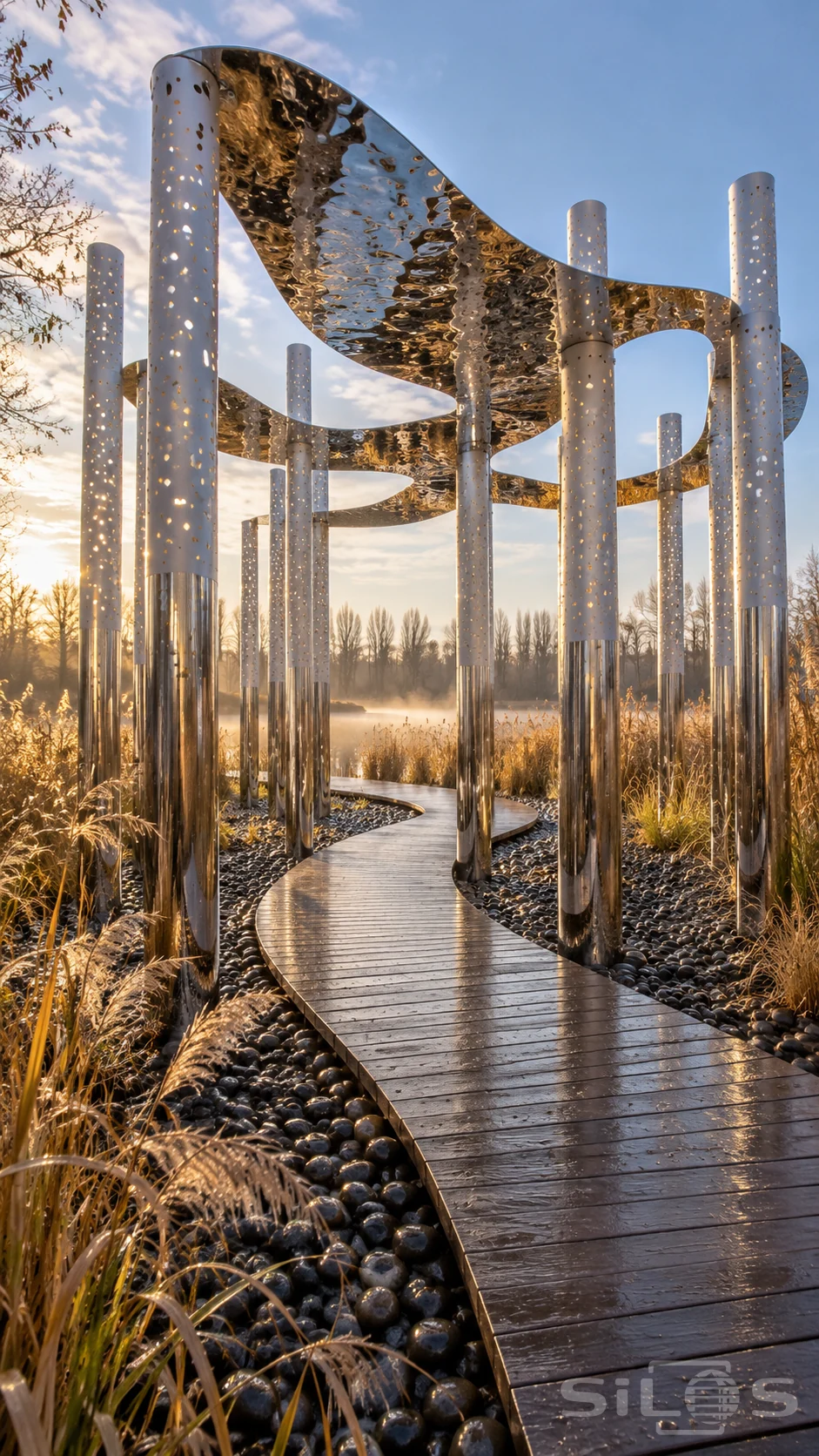 A curving wet boardwalk winds among silver columns with perforated white tops and a rippled mirrored canopy beside autumn reeds.