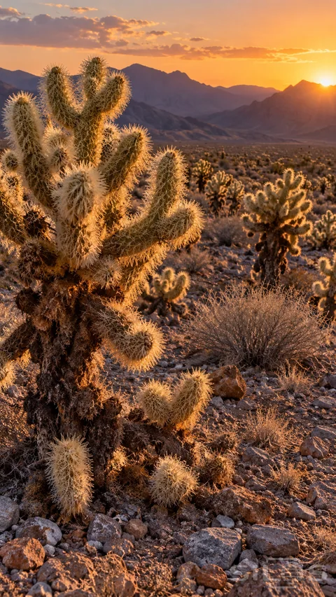 A backlit cholla grove glows above a stony desert plain with golden spines and violet mountain layers beneath the setting sun.
