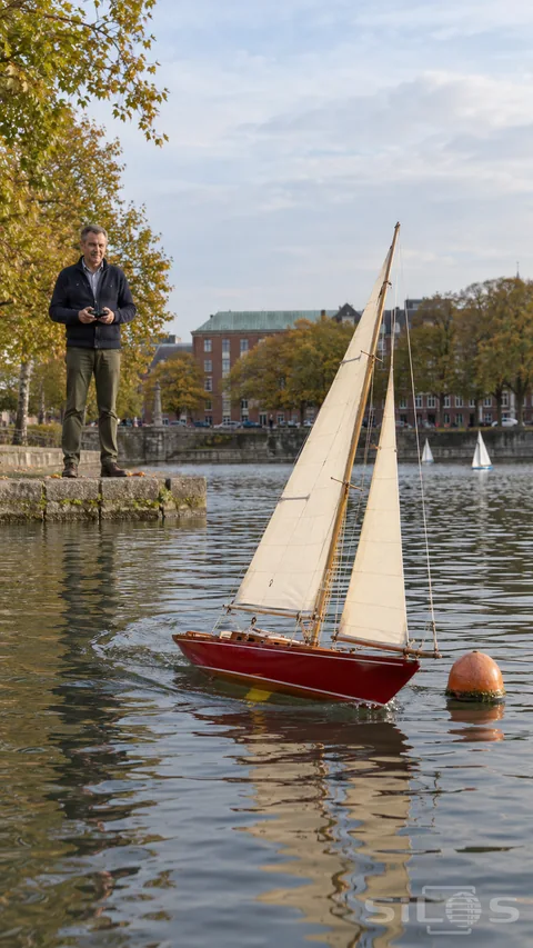 A model yacht with cream sails and a red wooden hull rounds an orange buoy while an older man holds its controller beside the basin.