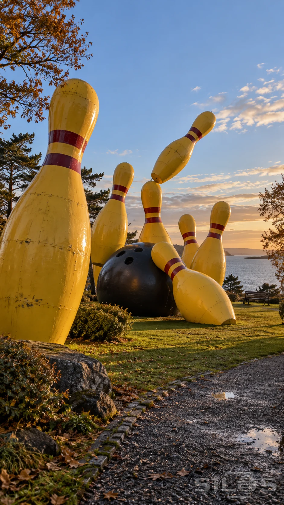 Monumental yellow bowling pins with red bands lean around a dark bowling ball on a coastal lawn beneath autumn trees.