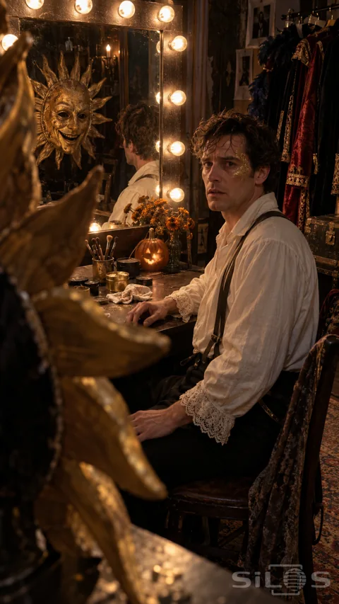 An actor in a white shirt sits beside a golden sun mask reflected in a mirror ringed with bulbs.