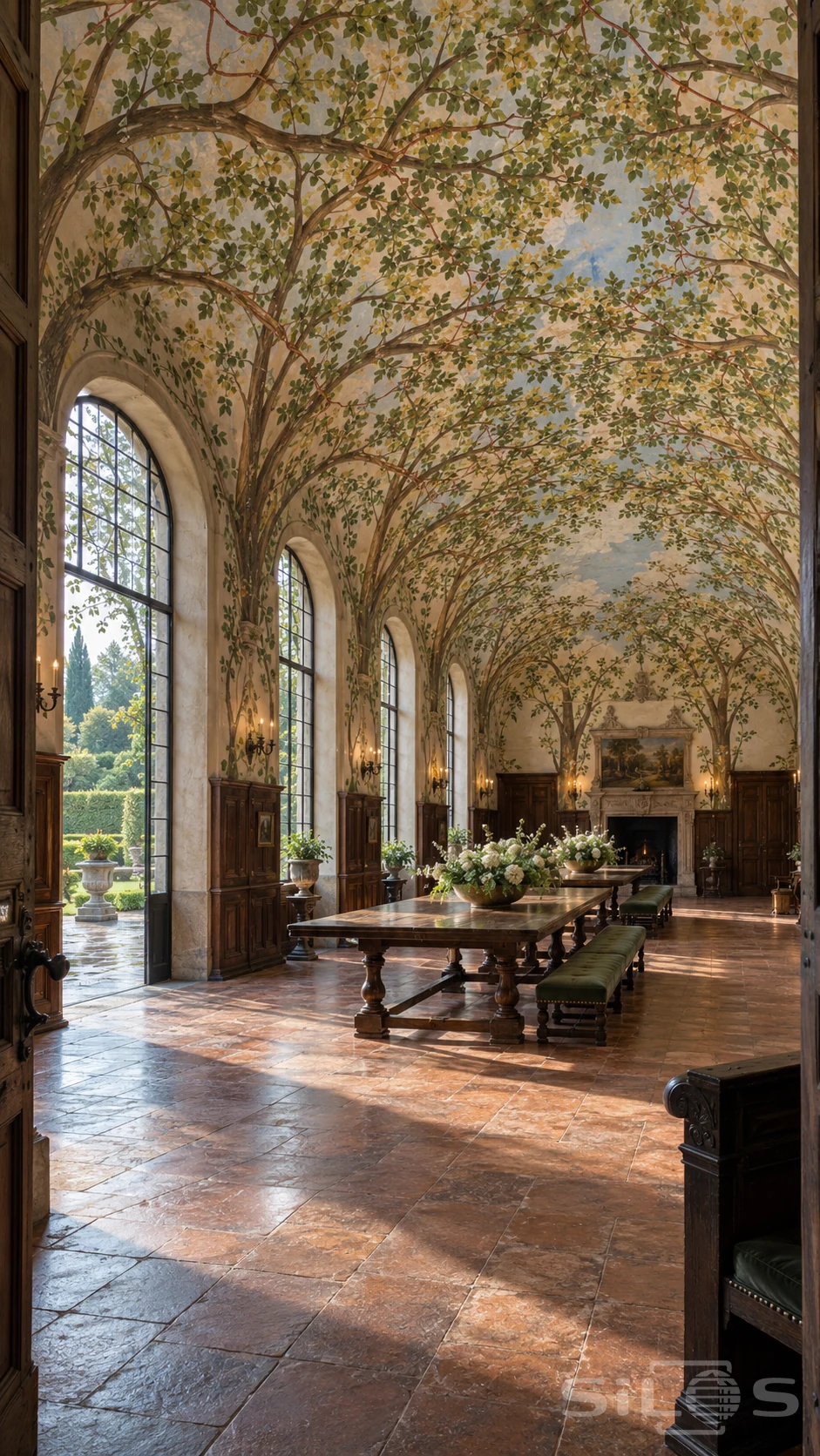 Grand hall with painted tree trunks and leafy branches across its vault, tall garden windows, oak tables, green benches and terracotta tiles.