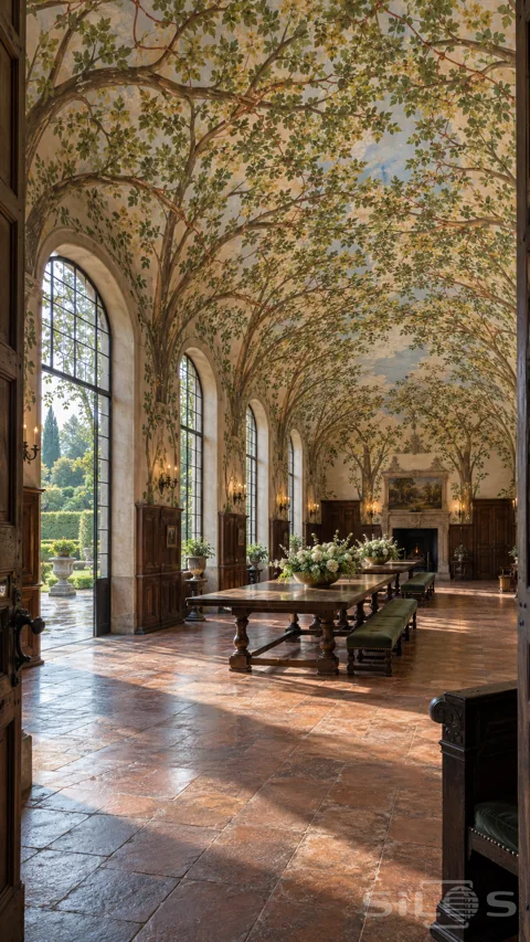 Grand hall with painted tree trunks and leafy branches across its vault; tall garden windows; oak tables; green benches and terracotta tiles.