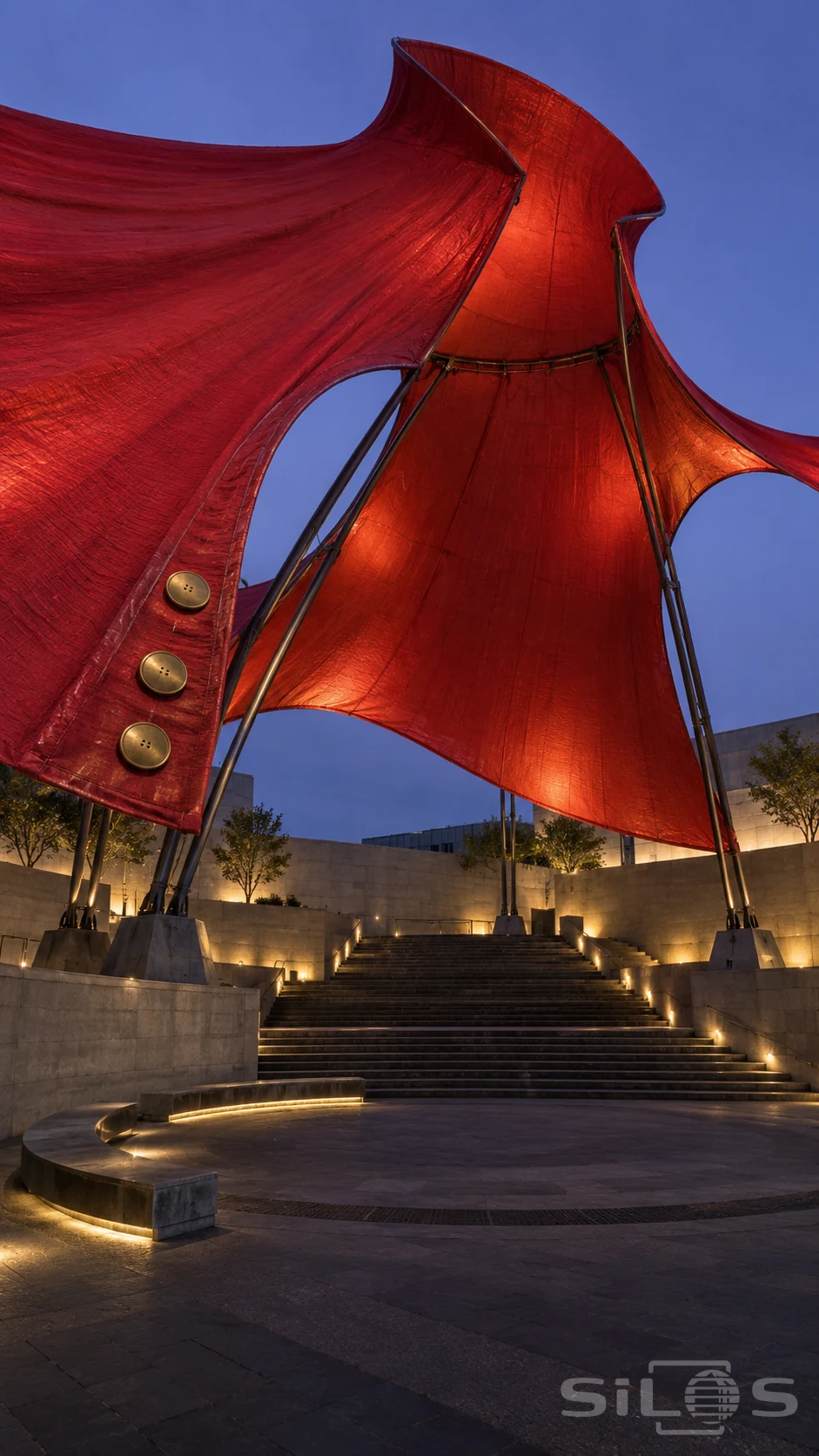A giant red cape canopy with brass buttons shelters empty courtyard stairs beneath a blue twilight sky.