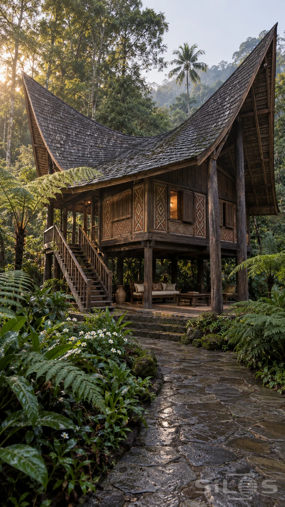 A dark timber home with a high sweeping saddle roof stands on posts above a shaded veranda beside a wet fern-lined stone path.