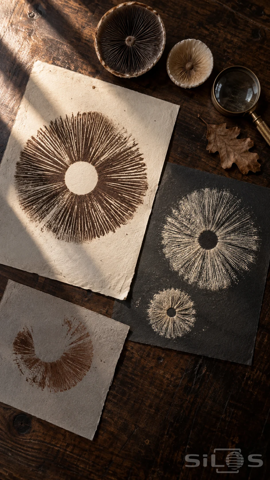 Mushroom spore prints with fine radial lines on ivory and charcoal paper across a dark walnut table.