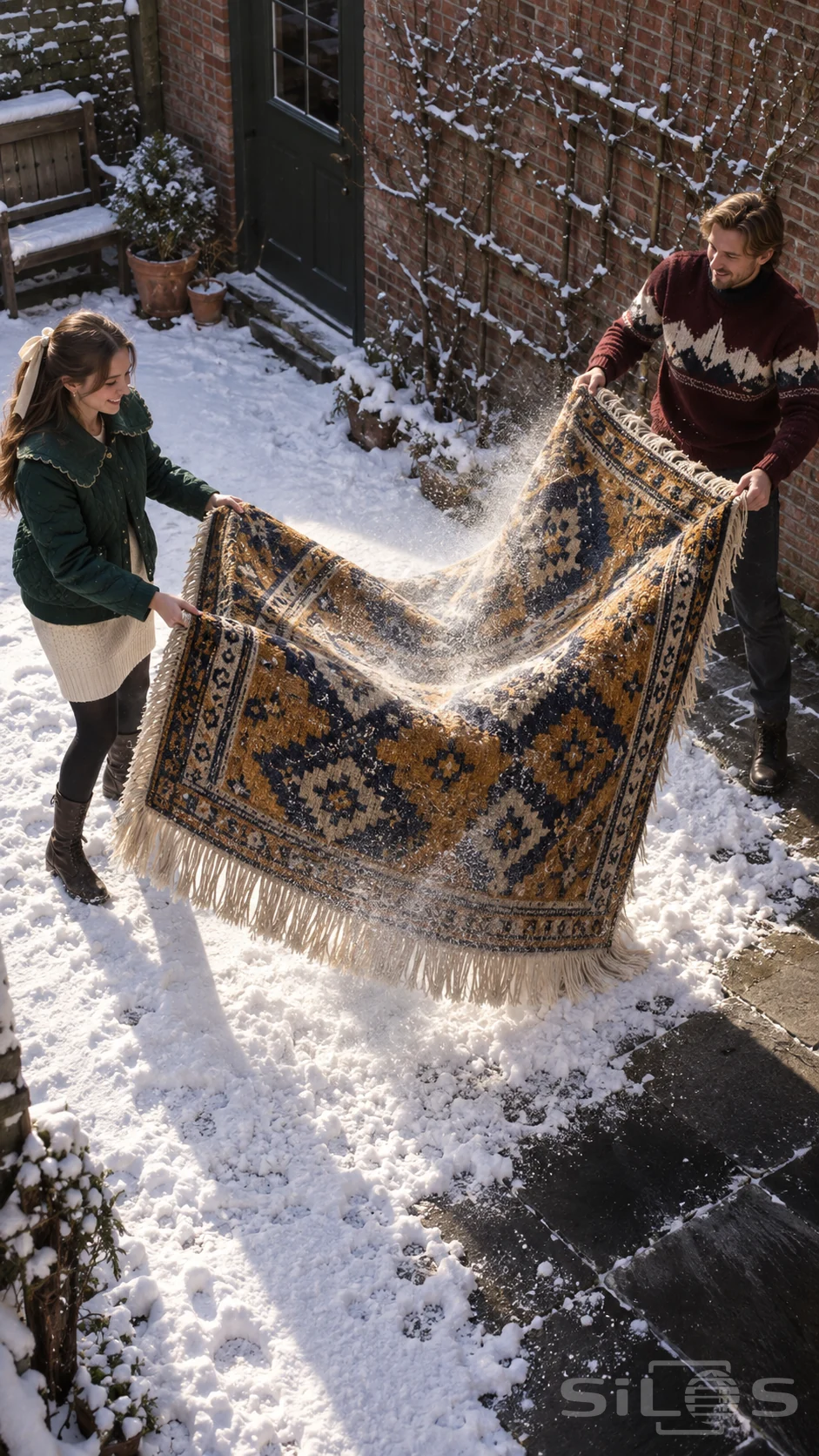 Snowy rug shake with two adults holding an ochre and navy fringed rug above snow in a small brick courtyard.