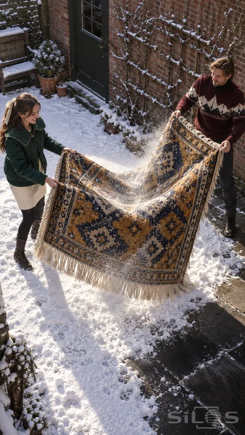 Snowy rug shake with two adults holding an ochre and navy fringed rug above snow in a small brick courtyard.