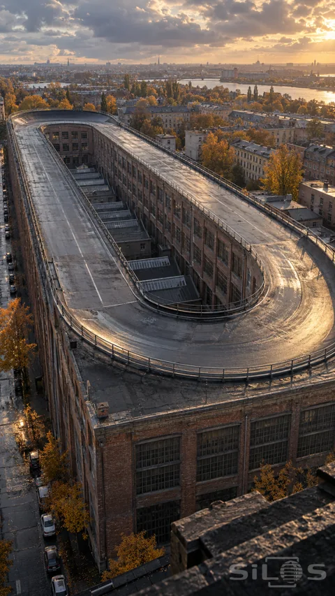 A wet oval driving track with banked curves wraps around the roof of a tall brick factory above an autumn city at sunset.